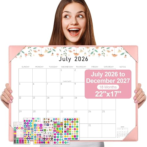 Gannyfer Desk Calendar 2026-2027 with Desktop Mat, Large 22" x 17" Desk Pad Calendar, 18-Month Calendar July 2026-Dec 2027, Office Supplies for Home School Office, Pink with 6 Stickers