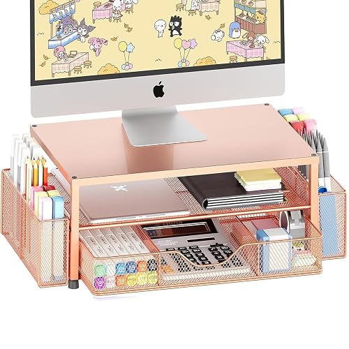 OPNICE Desk Organizer and Accessories, 2-Tier Computer Monitor Stand Riser with Drawer and 2 Pen Holders, Laptop Stand, Office Desk Accessories for Office Supplies, Rose