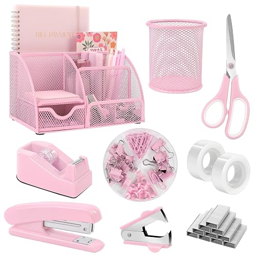 SKYDUE Pink Desk Accessories, Pink Office Supplies Set | Mesh Desk Organizer, Stapler, Tape Dispenser, Scissors, Binder/Paper Clips and 1000pcs Staples, Desk Organizer for Women