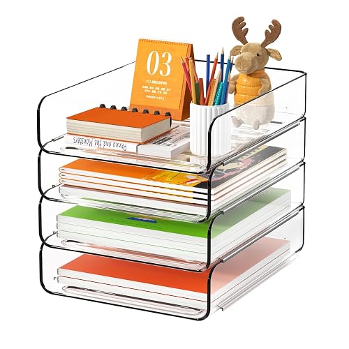 FANXIYQ 4-Tier Acrylic Paper Tray Organizer, Clear Stackable Desk File Organizer for Documents, Files, Letters, A4 Paper, Books, Notes, Mail & Paper Storage, Office Classroom Home