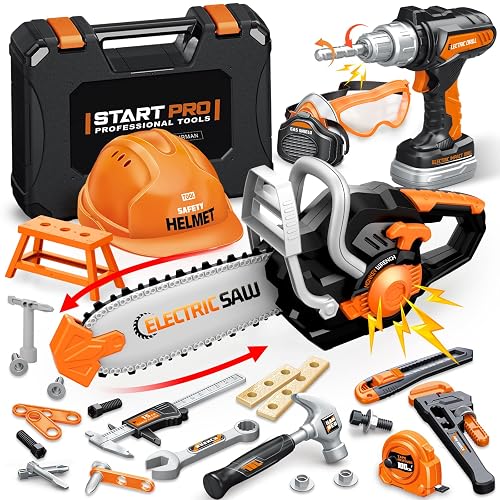 Toddler Tool Set, Kids Tool Box with Toy Chainsaw, Kids Toys for Boys 3-5 | 48 Pcs Construction Tools Kit with Electronic Toy Drill, Christmas Birthday Gifts for Boys Girls Ages 3 4 5 6 7 8, Orange