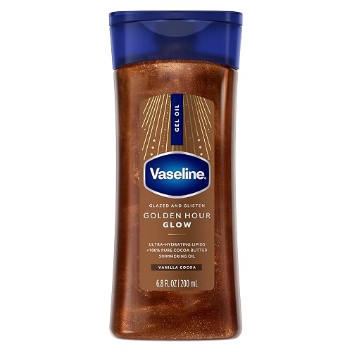 Vaseline Glazed and Glisten Golden Hour Body Gel Oil Shimmering 6.8oz 1ct | For glowing skin with golden bronze shimmer, moisturizes with 100% Pure Cocoa Butter, non-greasy feel & Vanilla cocoa scent