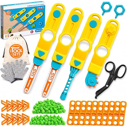 Cardboard Tools for Kids, 129 PCS Cardboard Construction Kit, Kids Building Set with Safe Serrated Cutter, Crease Roller, Screws & Nuts, Creative STEM Educational Toys Gift for Boys and Girls Age 5+