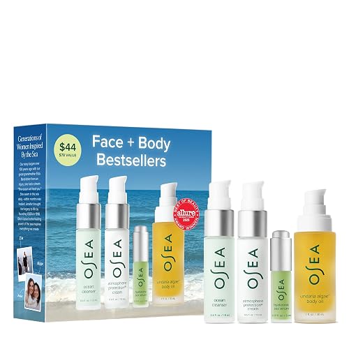 OSEA Face + Body Bestsellers, 4-Piece Skin Care Travel-friendly Set | Face Cleanser • Face Cream • Hyaluronic Serum • Body Oil • Cleanse, Hydrate & Glow • Deep Moisturization • Gift-Ready Routine