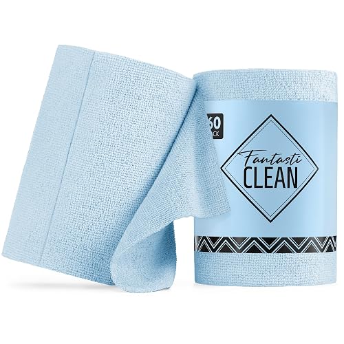 Fantasticlean Microfiber Cleaning Cloth Roll, 60 Pack, 8" x 8", Baby Blue | Tear Away Microfiber Towel Roll, Reusable Paper Towels, Rags for Kitchen, Pet, Dust, Car, Office, Cleaning Supplies, Portable