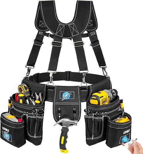 Tool Belt with Suspenders,27-Pockets Heavy Duty Tool Belts for Men with Magnetic Tool Pouch,Detachable & Adjustable Work Belt Bag for Electrician,Carpenter,Construction,Utility Toolbelt,Black