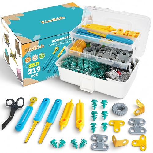 Kizzikids Cardboard Tools for Kids, STEM Construction Kit Safe Cutter | 219 PCS Building Kits Cardboard Screws & Cardboard Connectors, Spin Hinges, Storage Box, Hands-On Creativity, Ages 5+