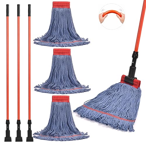 Mop with Strings Industrial Commercial Grade, 60 inch Heavy Duty One-Piece Fiberglass Handle, No Loosening, Built to Last, Reinforced Head Connection, Professional Cotton Mop for Janitorial, Garage