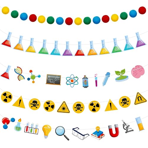 Wettarn 5 Pcs Back to School Decorations Science Lab Banners, Classic | Chemistry Hanging Garland, Beaker Warning Signs, Science Birthday Party Supplies, First Day of School Classroom Wall Decor