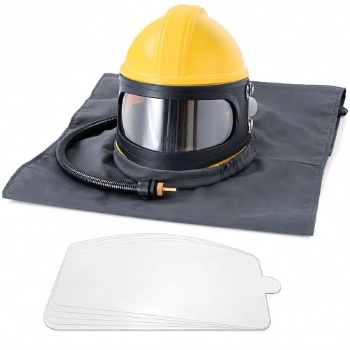 SHUNJIE Sandblasting Hood with 5 Pack Replaceable Outer Lenses and Shoulder Protection | Professional Air Fed Sandblaster Helmet for Auto Restoration, Marine Repair, Steel Rust Removal & Industrial Blasting