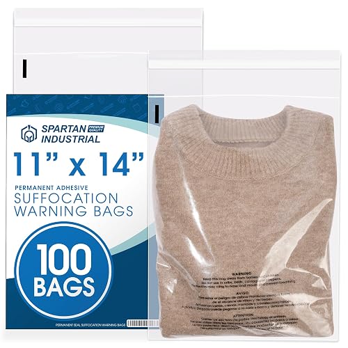 11” X 14” (100 Count) Self Seal Clear Poly Bags with Suffocation Warning | for Packaging, T Shirts - Permanent Adhesive - Spartan Industrial