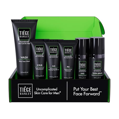 Tiege Hanley Anti-Aging Men's Skin Care Set, 30-Day, 6 Piece Kit | Level 3 Anti-Aging Routine, Daily Face Wash, Facial Scrub, Eye Cream, Serum & AM SPF & PM Moisturizers