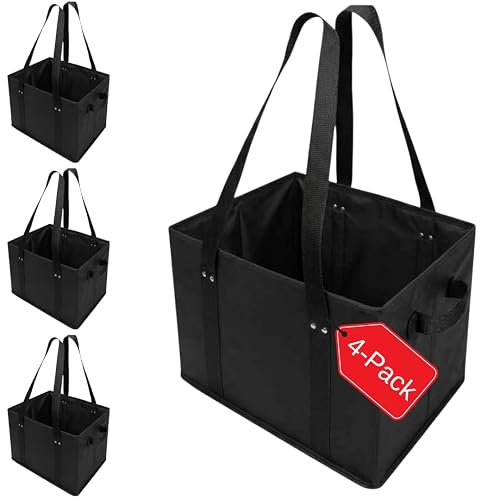 BAG-THAT! 4pk Reusable Grocery Bags Shopping Bags Tote Box Large Heavy Duty Groceries Bag Handles Foldable Reinforced Bottom (Black)