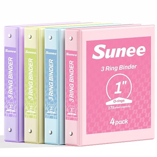 SUNEE 3 Ring Binder 1 Inch 4 Pack, Clear View 1" Binders Three Ring PVC-Free (Fit 8.5x11 Inches) for School or Office Supplies, Assorted Pastel