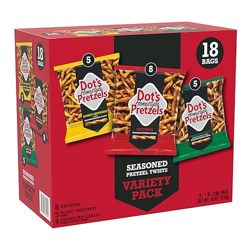 Dot's Pretzels Twists, 3-Flavor Snacks Variety Pack, 18 count | Original, Honey Mustard, Parmesan Garlic Pretzel Twists, Snacks Variety Pack for Adults and Kids, Individual Snack Packs