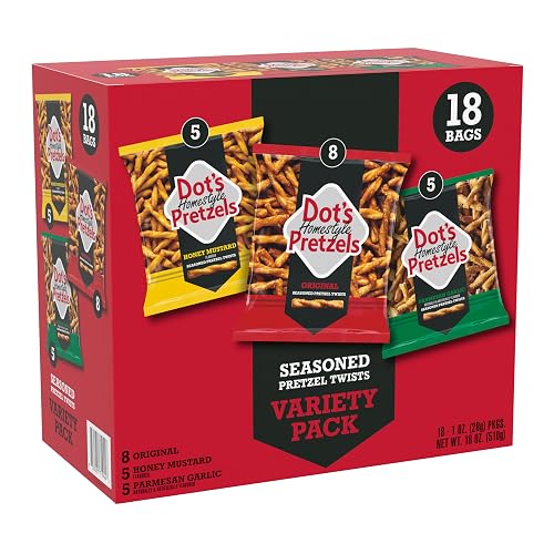 Dot's Pretzels Twists, 3-Flavor Snacks Variety Pack, 18 count | Original, Honey Mustard, Parmesan Garlic Pretzel Twists, Snacks Variety Pack for Adults and Kids, Individual Snack Packs