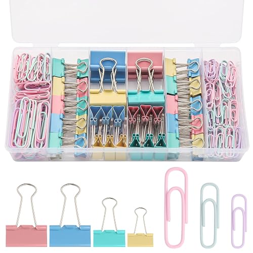 240PCS Colored Assorted Size Paper Clips and Binder Clips, Paperclips Large Medium Small, Binder Clip and Paper Clip Set for Home, School, and Office Supplies in a Container with Compartments
