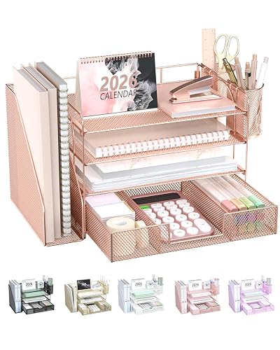 WALI Desk File Organizer, 4 Tier Desktop Paper Letter Tray Organizer with Drawer and 2 Pen Holders, Office Desk Accessories & Workspace Organizers for Office, Home, School Supplies, 1 Pack, Rose Gold