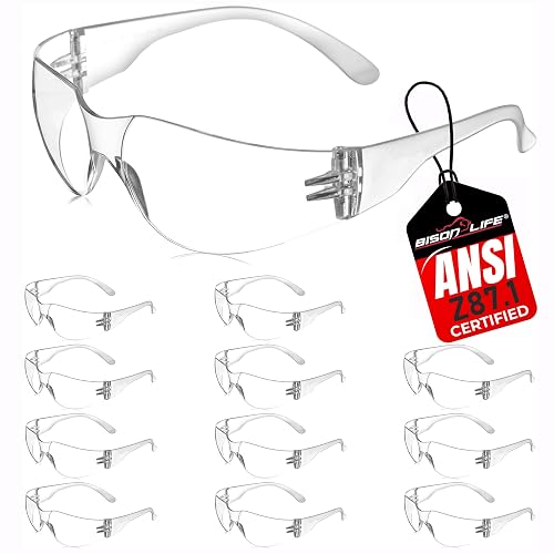 BISON LIFE Clear Safety Glasses for Men & Women, ANSI Z87.1 Certified,12Pk | Scratch & Impact Resistant Wraparound Safety Goggles, UV Protection Eyewear for Work, Construction, Lab, Industrial