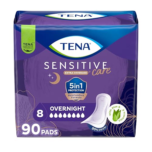 TENA Sensitive Care Overnight Incontinence Pads, Women, Extra Coverage 90ct | Made for sensitive skin, these bladder control pads help prevent leaks and irritation for comfortable, secure overnight use