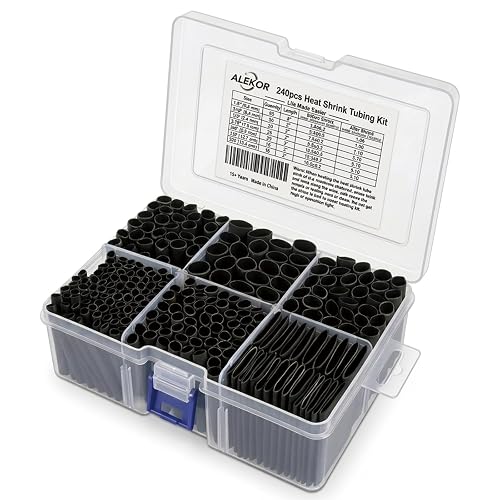 ALEKOR 3:1 Dual Wall Heat Shrink Tubing Kit 240 PCS Black | Waterproof Marine Grade, 2" Length, 7 Sizes 1/8"-5/8", Adhesive Lined, Premium Storage Case Included