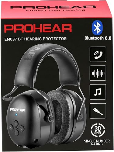 PROHEAR 037 Bluetooth 6.0 Hearing Protection Headphones with Rechargeable 1100mAh Battery, 30dB SNR Safety Noise Reduction Ear Muffs 120H Playtime for Mowing, Workshops, Snowblowing - Black