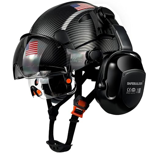 SAFEBUILDER Industrial Safety Helmet with Visor Ear Muffs Hard Hat with Visor Vented Hardhats Construction Work Head Protection ANSI