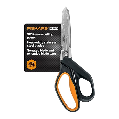 Fiskars Pro PowerArc Shop Shears, Heavy Duty Stainless Steel Scissor, Industrial Grade Tool for Building and Construction, 10 in, Orange/Black