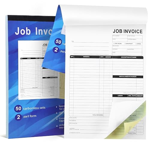 FunooFuno 1 Pack Carbonless Work Order Forms 7.5 x 11 Inches Job Invoice Book with Backing Board 2-Part Carbon Copy Receipt Book for Small Business Service and Repair Billing 50 Sets Per