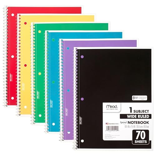 Mead Spiral Notebook, 6 Pack, 1 Subject, Wide Ruled Paper, 7-1/2" x 10-1/2", 70 Sheets per Notebook, Colors Will Vary (930201-ECM25)