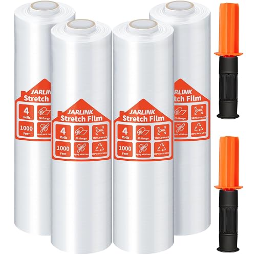 JARLINK Stretch Film, 15" x 1000' Shrink Pallet Wrap W/Handles, 60 Gauge | 4 Pack Clear stretch wrap Rolls, Industrial Strength Heavy Duty Plastic Stretch Wrap Moving, Packing, and Shipping.
