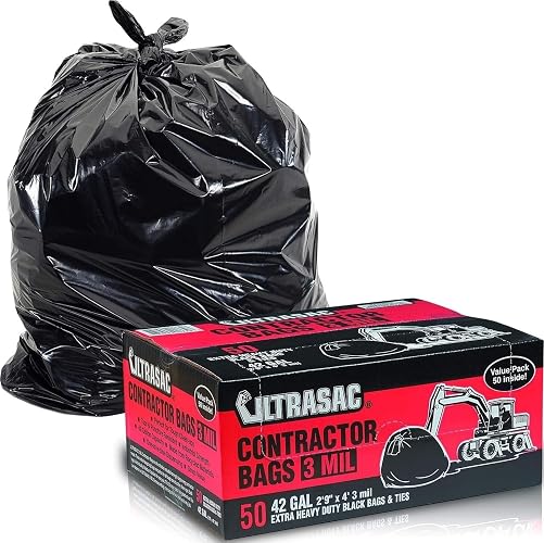 Ultrasac Heavy Duty Contractor Bags (VALUE 50 PACK/w TIES), 42 Gallon, 32.75" X 47" - 3 MIL Thick Large Black Industrial Garbage Trashbags for Construction and Commercial use