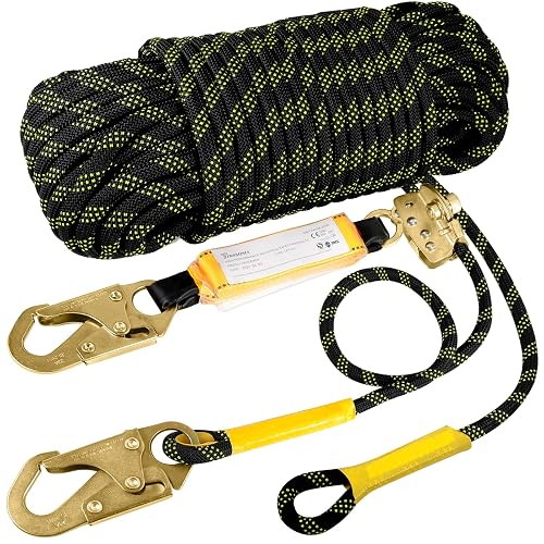 TRSMIMA Rope Harness Safety Lanyard：25ft Roofing Rope Fall Protection | Vertical Safety Harness Rope With Grab Snap Hooks Shock Absorber - Tree Climbing Line Kit Heavy Duty Safety Equipment ANSI CE