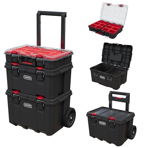 Keter Stack N Rolling Tool Box Modular Storage System 3 Piece | Black and Red, Heavy Duty, Weatherproof, All Terrain Wheels, Durable, Easy to Use, Telescoping Handle