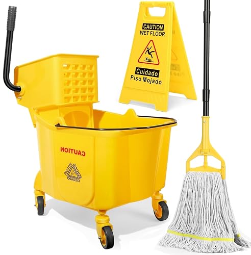 VOUBIEN 35 Qt Commercial Mop Bucket with Side-Press Wringer Combo on Wheels | Including Janitor Industrial Mop Bucket,Commercial Mops and Wet Floor Caution Sign,Yellow