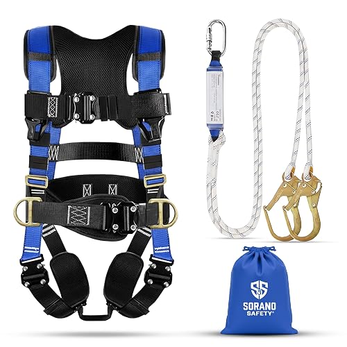 Sorano Safety Harness Fall Protection, Full Body Roofing harnesses with Shock Absorbing Lanyard for Men & Women OSHA/ANSI Compliant, Upgrade 4 Quick Buckles