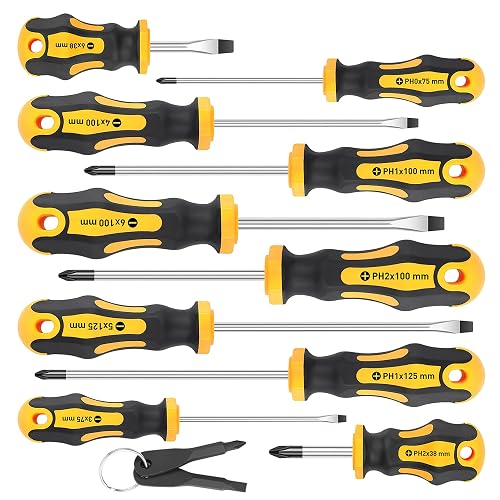 Amartisan 10-Piece Magnetic Screwdrivers Set, 5 Phillips and 5 Slotted Tips Professional Cushion Grip Screwdriver Set 2pcs Portable Multifunction Key Mini Screwdriver (Yellow)