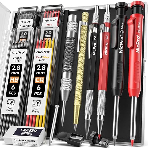 Nicpro 11 Pack Carpenter Pencil Set with Sharpener, Pencil for Construction | Mechanical Carpenter Pencil+40 Refill, Automatic Center Punch, Scribe Tool, Heavy Duty Construction Pencil for Architect