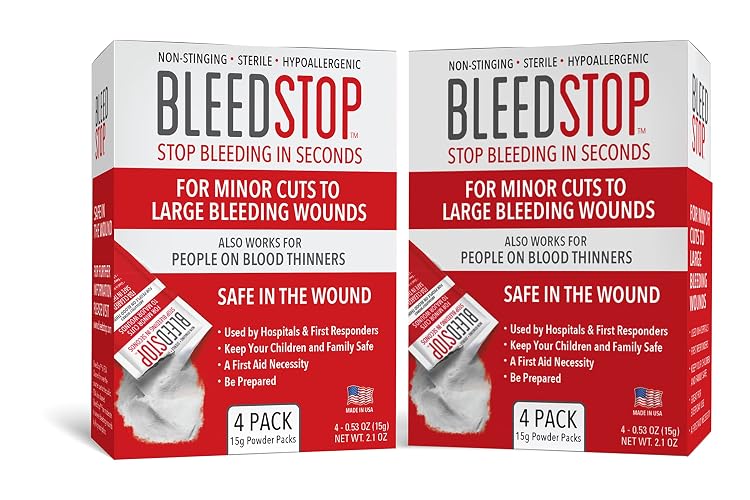 BleedStop™ First Aid Powder for Blood Clotting, Trauma Kit, Blood Thinner Patients, Camping Safety, and Survival Equipment for Moderate to Severe Bleeding Wounds or Nosebleeds (Double 4 Pack 15g)