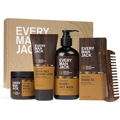 Every Man Jack Complete Beard Care Kit for Men, Sandalwood Teak, Gift Set | Cleansing Beard & Face Wash, Soothing Lotion, Hydrating Oil, Softening Butter + Wooden Styling Comb, 5 Full-Size Products