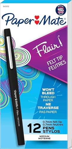 Paper Mate Flair Felt Tip Pens, Medium Point (0.7mm), Black, 12 Count - Teacher Supplies, Journaling, Note-Taking, Writing