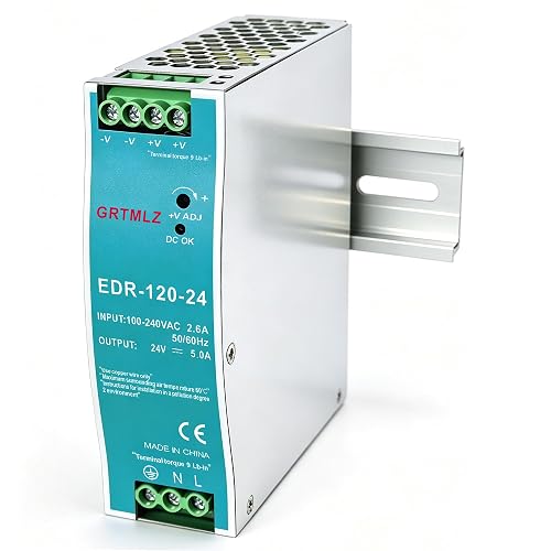 GRTMLZ EDR-120-24 24V DC Power Supply EDR 120W 24V 5A DIN Rail Power Supply Switch, AC to DC Switching Converter, 110-240V AC Input to DC 120W 24V 5Amps Output, Industrial DIN Rail Power Supplies