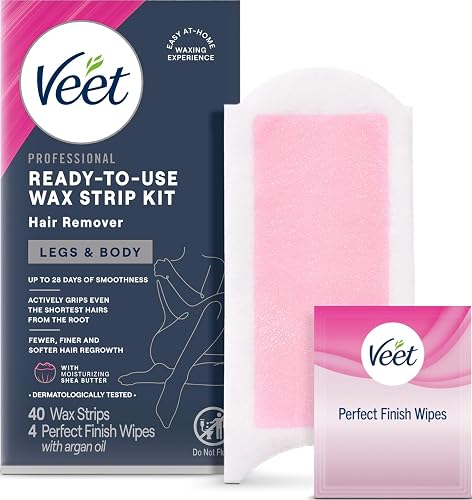 VEET Ready-To-Use Waxing Kit For Women | Wax Strips For Body Hair Removal, Wax Kit For Ingrown Hair Treatment, Personal Care Product, Hair Remover | 40ct Waxing Strips, 4ct Body Wipes