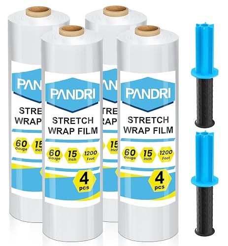 Stretch Film, PANDRI 4 Rolls Stretch Wrap with Handles Industrial Strength, Clear Shrink Wrap, Plastic Wrap for Moving Pallet Wrap, 15" x 1200 Ft Per Roll, 60 Ga, 2 Handles