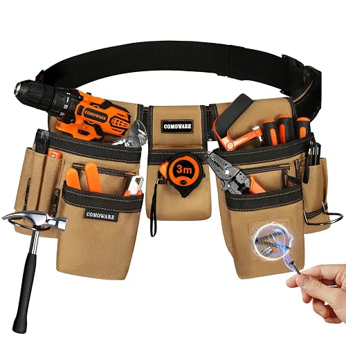 Tool Belt with Adjustable Belt & Magnetic Zone, 17-Pocket Detachable System | Gift for Men,Coffee Brown,Customizable Layout,Organized Storage, for Electricians & Construction Workers, 600D Polyester