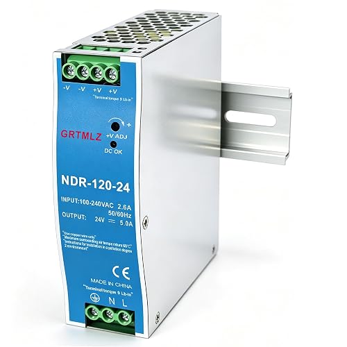 GRTMLZ NDR-120-24 24V DC Power Supply NDR 120W 24V 5A DIN Rail Power Supply Switch, AC to DC Switching Converter, 110-240V AC Input to DC 120W 24V 5Amps Output, Industrial DIN Rail Power Supplies