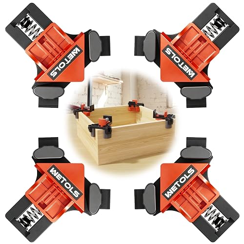 WETOLS 90 Degree Corner Clamp Set, 4 Pcs Adjustable Clamps for Woodworking | 4-Piece Set, 90° Corner Clamps, Fits 3/16"-3/4" Wood, Strong Spring, Easy One-Hand Operation, Durable Polyamide, Gift Box