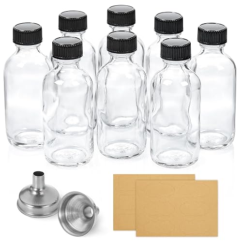 AOZITA 8 Pack, 2 oz Small Clear Glass Bottles w/Lid & 2 Funnels - 60ml Boston Shot Bottles for Health, Immunity, Potion, Wellness, Sample, Ginger, Juice - Mini Personal Care & Beauty Travel Bottle