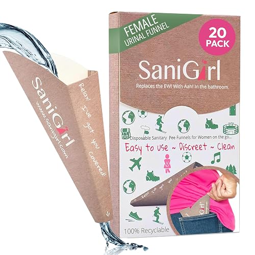 SaniGirl Pee Funnel for Women, Disposable Female Urinal Stand to Pee, 20 CT | Patented leak-proof disposable recyclable design for travel & camping essentials airplane road trips cruise glamping outdoors