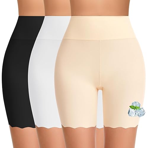 FRESBEIT Cooling Slip Shorts for Women Under Dress Anti Chafing Biker Short | High-Waisted seamless shapwear shorts scalloped edge safety boyshorts panties underwear workout shorts for under dresses